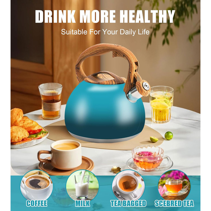 Чайник-свисток Foedo 3.2 л з нержавіючої сталі з дерев'яною текстурою, 3.2 л, для чаю, кави та молока, класичний дизайн, червоний (градієнт темно-зеленого кольору)