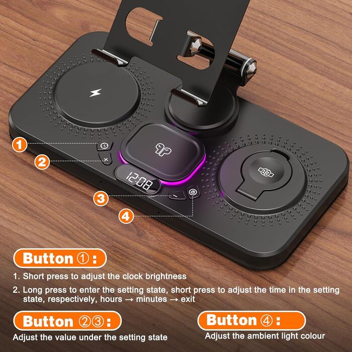 Бездротова зарядна станція 4-в-1 для iPhone, складаний тримач для планшета, індуктивне зарядне для iPhone 16/15/14/13/12/11 та iWatch