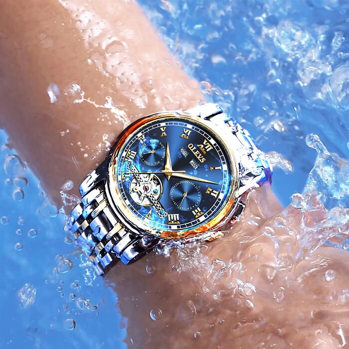Годинник чоловічий OLEVS Automatik Gold чорний з турбійоном, календарем, водонепроникний, світловий, двоколірний, чоловічий, синій/золотий