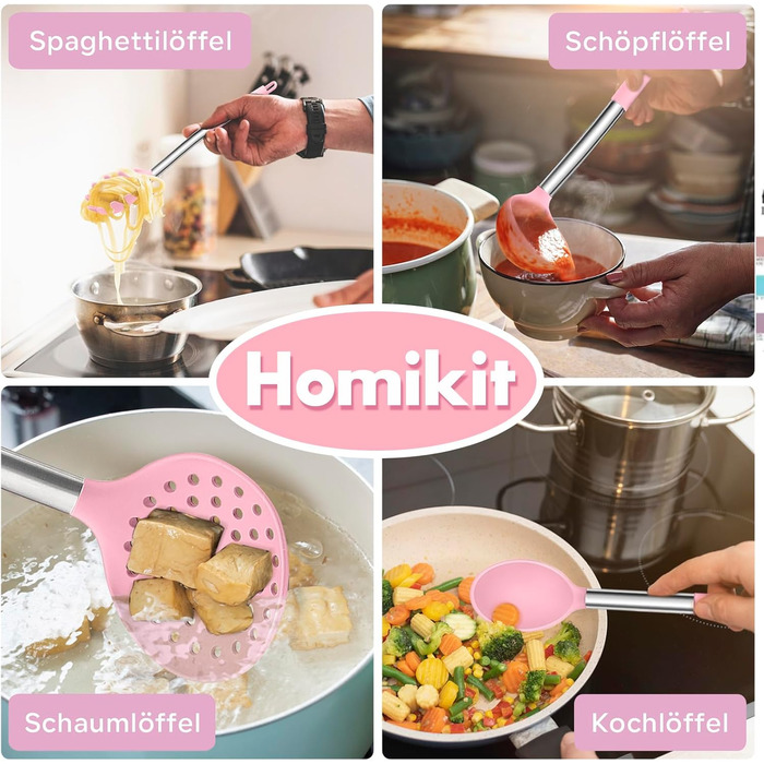 Набір кухонного приладдя Homikit 10 шт. силіконові, з нержавіючої сталі, рожевий - антипригарні, жаростійкі, для посудомийної машини