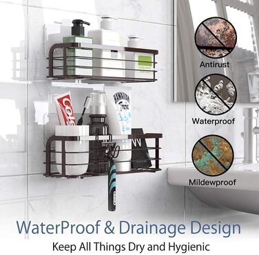 Avoalre Shower Caddy without Drilling, 2 Pack Shower Shelf with 1 Movable Hook, Load Capacity 10KG Shower Shelf Bronze Shower Storage