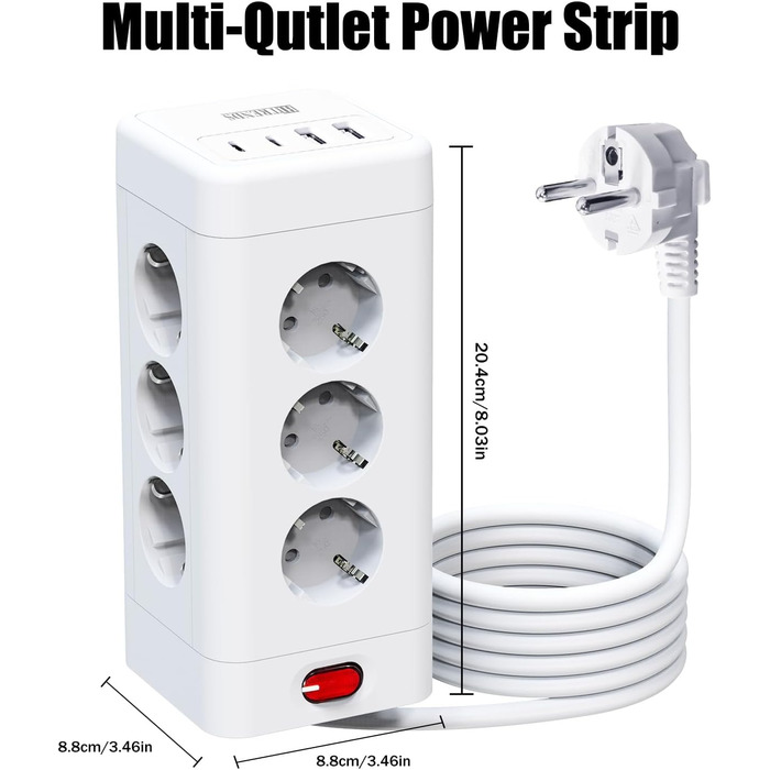 Блок розеток з USB-C, 4 розетки, плоский штекер, індивідуальне вмикання, куб з 2м плетеного кабелю для офісу, дому, подорожей - Білий 002-MF (12 розеток 2M - Білий)