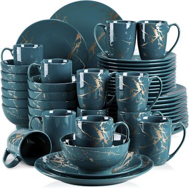 LOVECASA Набір посуду з порцеляни Sweet 16, 48-елементний сервіз, посуд для їжі з золотим декором, для 4-12 осіб, бірюзовий колір