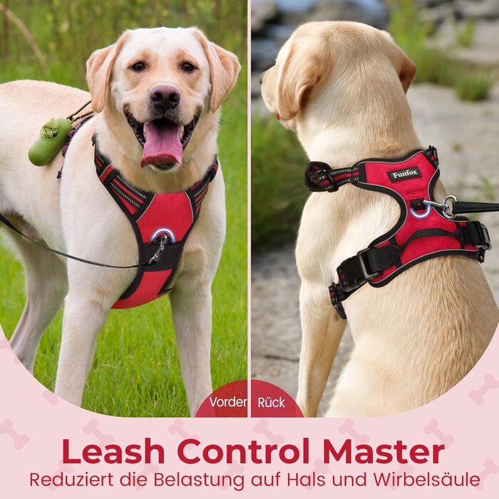 Шлейка для собак Funfox, середня порода, анти-тяга, з ручкою та світловідбиваючими смугами, без заплутування, червона (L)