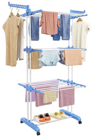 Сушарка для білизни турбо тип, сушарка для одягу з 6 відкидними крилами та 2 боковими крилами, мобільна сушарка для білизни на коліщатках для дому та вулиці, блакитна