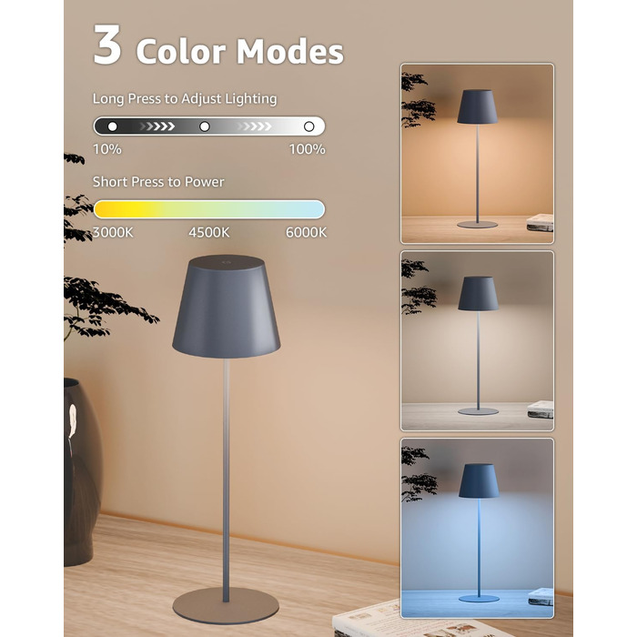 LED настільна лампа FUYO з USB-C зарядкою, акумуляторна, для дому та вулиці, сенсорне керування, регулювання яскравості, 2700K-6000K, 3 кольори, сіра (1 шт.)