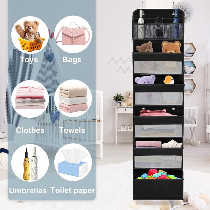 Організатор для дверей, підвісний, з 5 кишенями, з гачками, для ванної кімнати, шафи, кемпінгу, 150x36.5x14 см (Чорний)