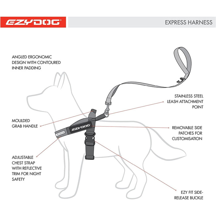 Шлейка для собак EzyDog Express - для маленьких, середніх та великих собак, світловідбиваюча, регульована, з м'якою підкладкою. Ідеально підходить для бігу та їзди на велосипеді (XS, Чорний). XS (42-53 см), Чорний