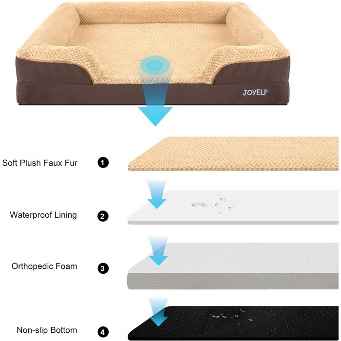 JOYELF Orthopedic Dog Bed for Large Dogs, Waterproof Foam Sofa with Removable, Washable Cover and Non-Slip Bottom for Small to Medium-Sized Dogs - Coffee