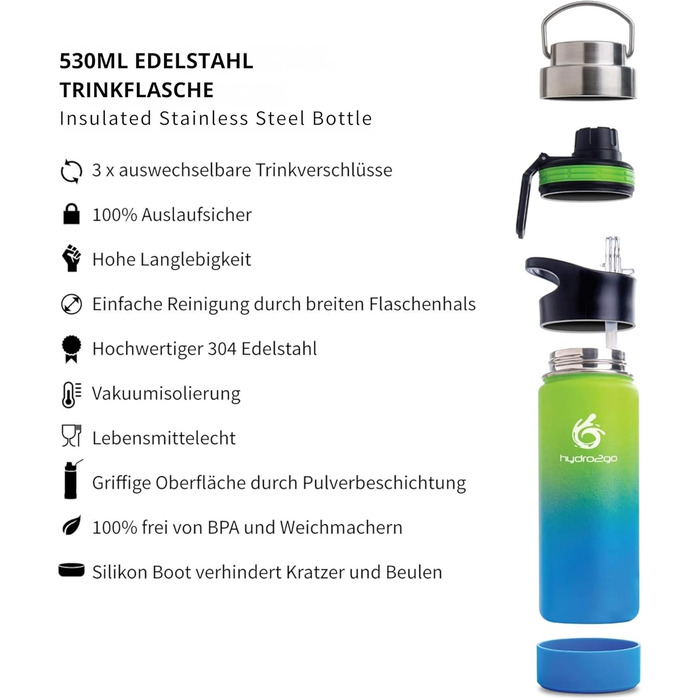 Фляга для води Hydro2Go Edelstahl 530 мл (Земля) – нержавіюча сталь, BPA-free, термофляга 12 год гаряче/24 год холодне, 3 кришки