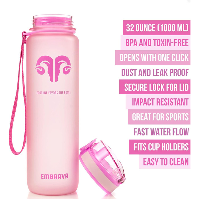 Embrava Best Sport Water Bottle - 1000ml - quick-flow, flip-top leak-proof lid that opens with a click - non-toxic BPA-free & eco-friendly Copolyester-Tritan plastic (Pink)