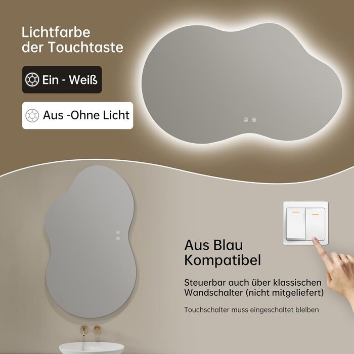 Дзеркало для ванної кімнати з підсвічуванням, без рами, 50x75 см, арочне, антизапар, сенсорний вимикач, регульована яскравість, 3 кольори світла