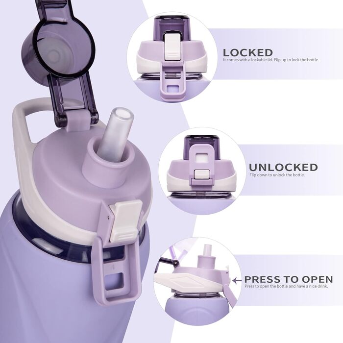 1 liter / 1l Drinking Bottle Glass with Straw BPA Free Glass Bottle with Silicone Sleeve Borosilicate Glass Water Bottle (Light Purple)