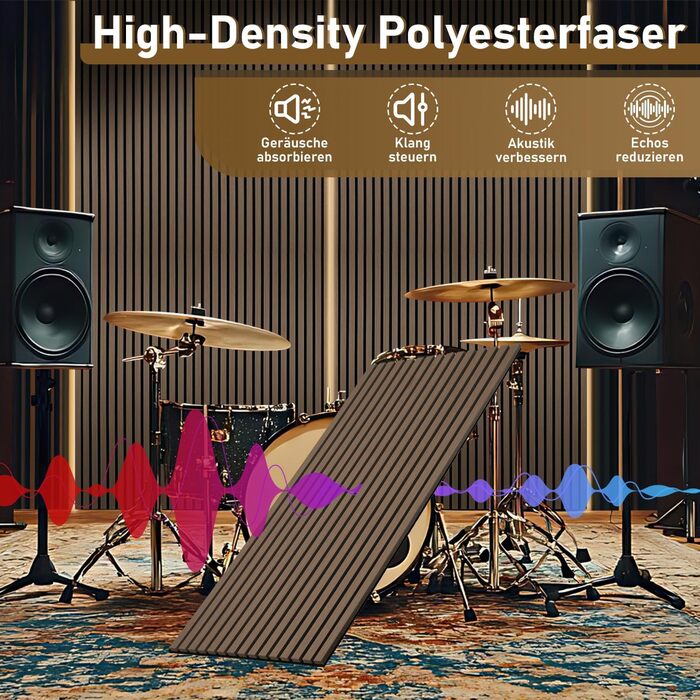 Акустичні панелі з дерева та фетру 120x60 см, набір 4 шт (2,88 м²), звукопоглинаюча стінова облицовка для покращення акустики приміщення, колір Чорний горіх