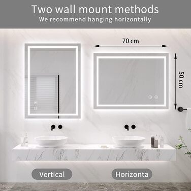 Дзеркало для ванної кімнати Dripex LED з підсвічуванням, сенсорне керування, регулювання яскравості, 3 кольори світла, антизапарник, 50x70 см