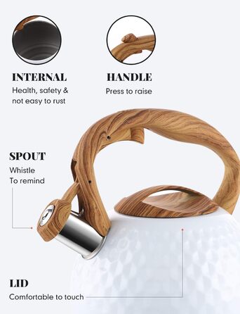 Чайник BELANKO Teekessel 2.7л з нержавіючої сталі з дерев'яною ручкою, гучний свисток, для плити, індукції, діамантовим дизайном, чорний (глянцевий білий)