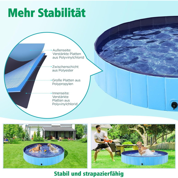 Yaheetech Foldable Dog Pool, Splash Pool for Dogs 160 x 30 cm, Anti-Slip Plates, Quick Drainage, Dog Bathtub with Bath Brush & 4 Patches, Thickened PVC Swimming Pool, Blue