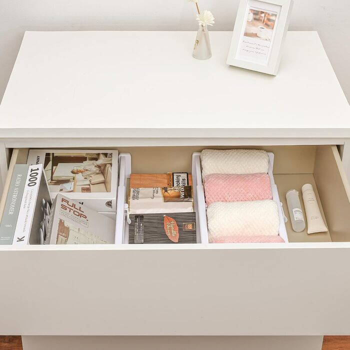 DIMJ 8-Piece Drawer Dividers Adjustable (32.6-56cm) Plastic, Closet Organizer for Kitchen Storage, Bedroom, Dresser, Light (5 Pieces, White)