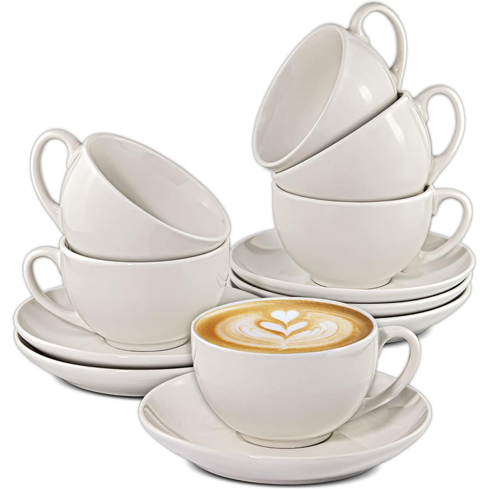 6 Ceramic Cappuccino Cups – with Saucers – 180 ml – with Gift Box – Dishwasher Safe
