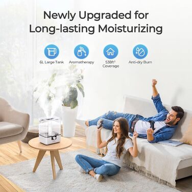 Зволожувач повітря CHIVALZ для великих приміщень, 6л з нічним світлом, поворотна 360° форсунка, 26дБ, 50год, аромадифузор для спальні, дитячої кімнати, рослин, дитини, білий, 1 шт + 2 виходи для пари