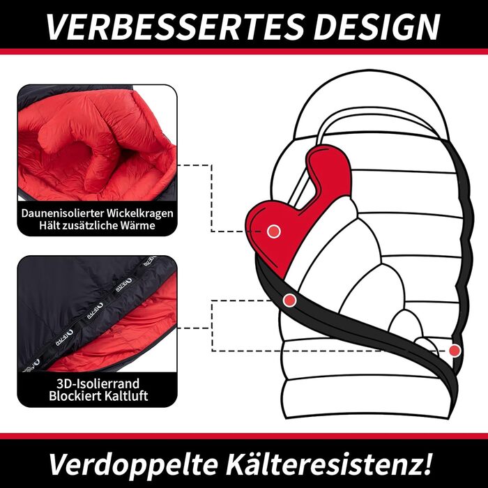 Пуховий спальний мішок для дорослих та дітей, легкий зимовий спальник Outdoor 8°C ~ -30°C для кемпінгу та альпінізму з 650 FP гусячим пухом, чорний, 1000g