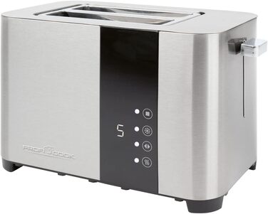 Тостер ProfiCook PC-TA 1250 Inox з сенсорним дисплеєм: 2 слоти, нержавіюча сталь, 850 Вт, 7 рівнів підсмажування, підставка для тостів, висувна кришка для крихт, згортання кабелю