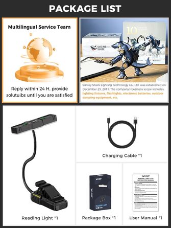 Ліхтарик для читання Smiling Shark LED, USB, 1200 mAh, 3 режими кольору, 6 режимів яскравості, гнучкий, з кліпсою та датчиком, індикатор батареї