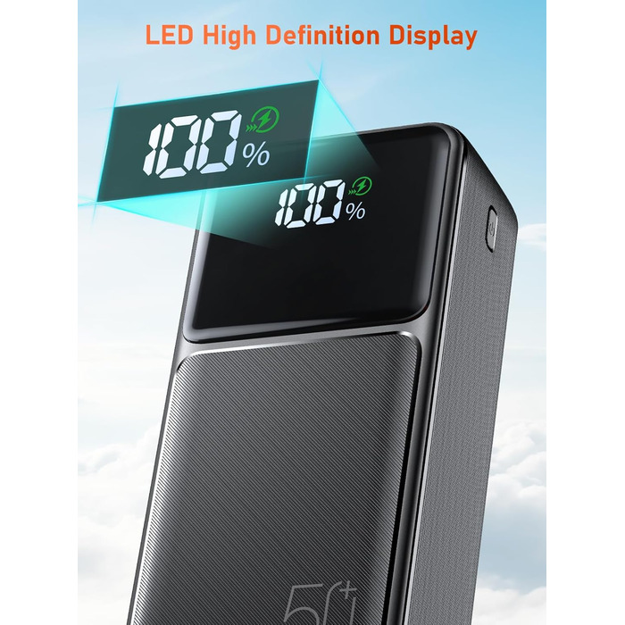 Power Bank 50000mAh з кабелем, швидка зарядка USB-C PD20W/QC22.5W, LED-індикатор, 2 входи/5 виходів, для телефонів, планшетів, подорожей, кемпінгу - Чорний