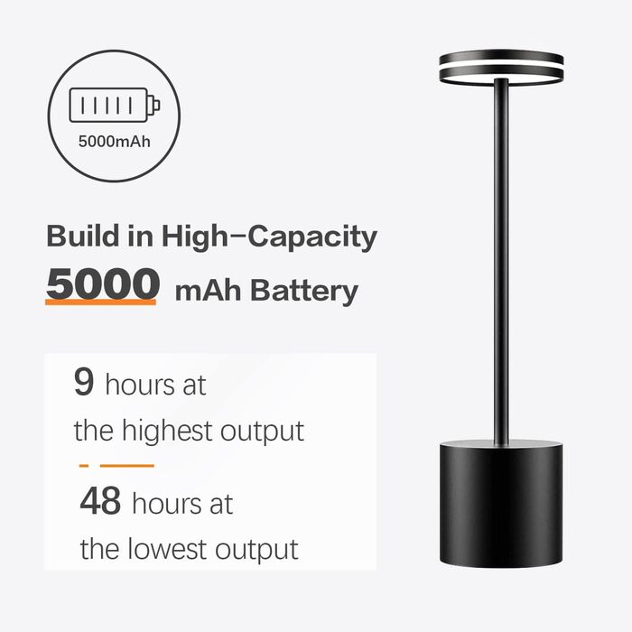 LED настільна лампа Bravzurg бездротова, акумуляторна, 5000mAh, диммування, 3 кольори, USB, для дому та вулиці, чорна