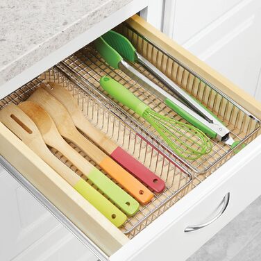 mDesign Universal Drawer Organizer - Metal Storage Baskets for Drawers Organize Kitchen Supplies and Utensils - Drawer Organizers for Kitchen and Household - 4-Piece Set - Silver