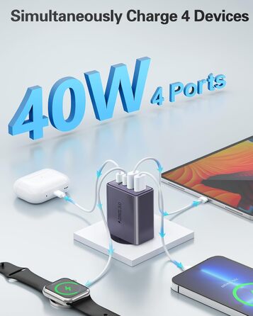 Мережевий адаптер USB C 40W з 4 портами, швидка зарядка, універсальний зарядний пристрій для iPhone, iPad, Samsung та інших телефонів (білий/фіолетовий)