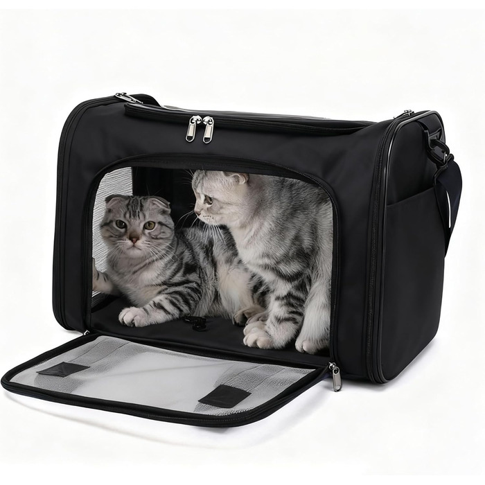 Транспортна сумка для кота/собаки велика, портативна, складна, дихаюча, для подорожей, на 2 котів/собак, світло-чорна