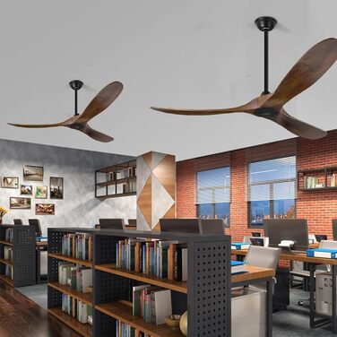 Вентилятор стельовий дерев'яний без освітлення з пультом керування, тихий, для вологого приміщення (152см, коричневий)