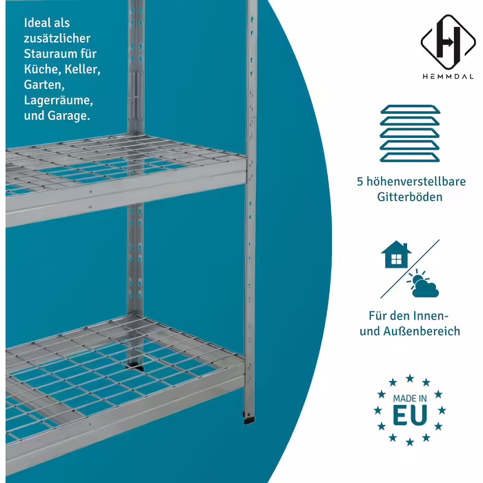 Outdoor Wide-Span Rack - 1,500 kg Load Capacity - HxWxD 180 x 90 x 45 cm - Boltless Rack with 5 Height-Adjustable Shelves - 400 kg Max. Shelf Load - TÜV Certified - Heavy-Duty Rack Made of Galvanized Steel