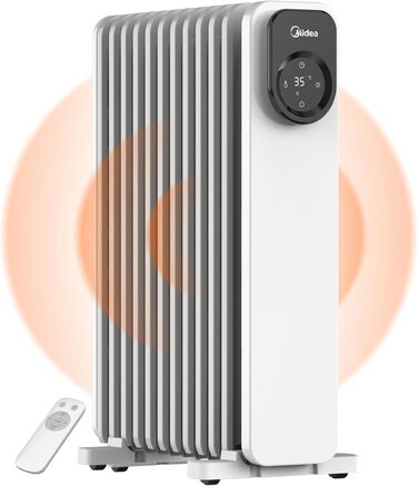 Масляний радіатор Midea NY2311-24UR, 2300 Вт, 11 секцій, електричний обігрівач з термостатом, LED-дисплеєм, дистанційним керуванням, захистом від перегріву, 4 режими роботи, тихий