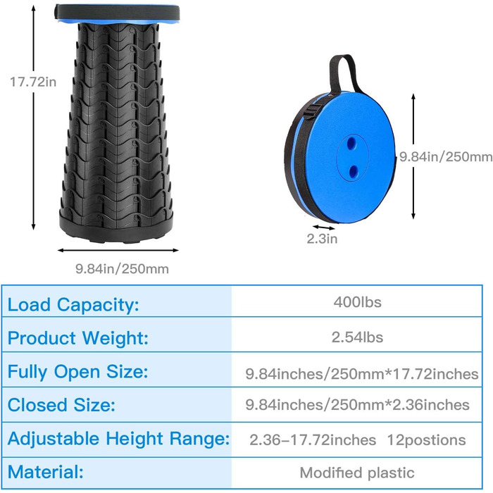 Складний туристичний стільчик-телескоп, 397Lb, блакитний. Легкий, стабільний, регульований по висоті. Для кемпінгу, риболовлі, пікніка, відпочинку вдома та подорожей.