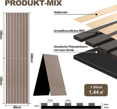 Акустичні стінові панелі з дерева AKK-PANE 240x60 см (1,44м²), 3D панелі для шумоізоляції стін у вітальню, кухню та офіс, колір: Класичний дуб