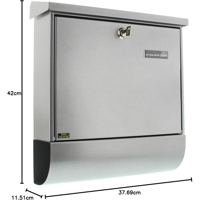 Поштова скринька Burg Wächter Vario ANT з газетницею та табличкою для імені, оцинкована сталь, формат DIN C4, 2 ключі, колір срібний