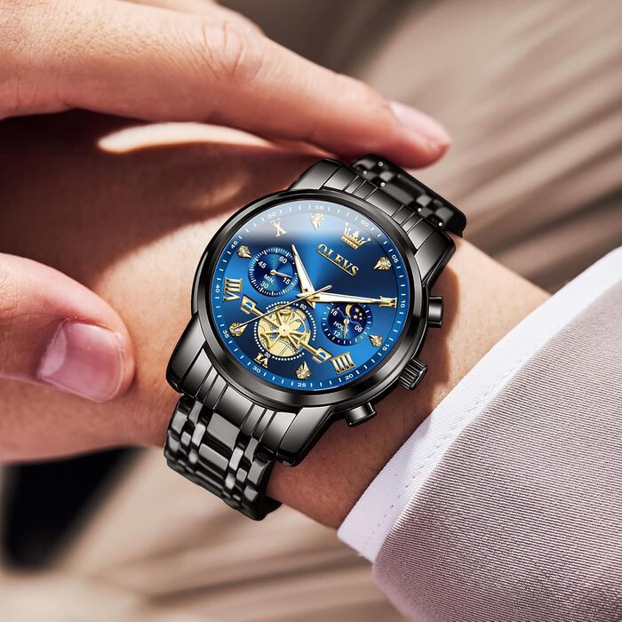 Годинник чоловічий OLEVS з металевим браслетом, кварцовий, з місячною фазою, хронограф, водостійкий, з нержавіючої сталі (2856 Blue / Black)