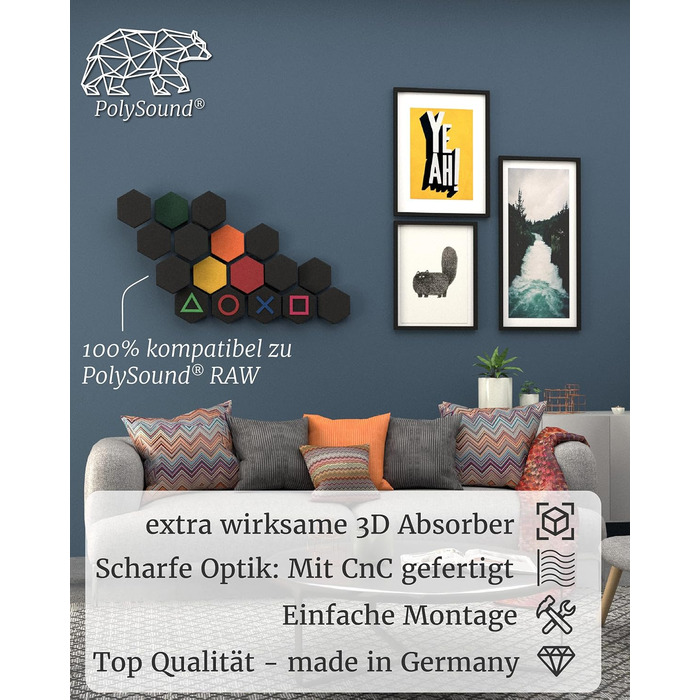 Акустичні 3D-панелі PolySound ECO гексагон, самоклеючі звукопоглинаючі шестикутні панелі для офісу, геймінгу та дому, набір 9 шт (3-10 см), PS Motiv