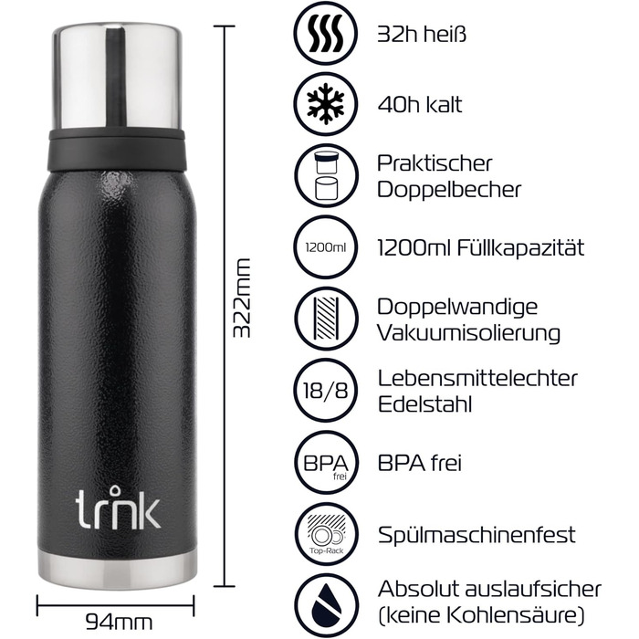Термос TRNK Arktis 2 - 1200 мл, нержавіюча сталь, BPA-free, 32 години тепла, 2 стаканчики, для кухні