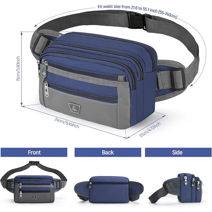 Чоловіча/жіноча поясна сумка на пояс з 7 кишенями на блискавці для спорту, фітнесу, бігу, велоспорту, подорожей та кемпінгу, блакитна