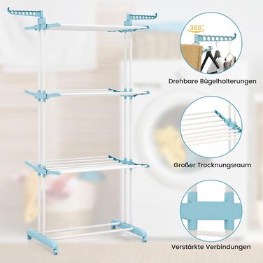 Сушарка для білизни COSTWAY 4-рівнева з колесами, розкладна, з 2 обертовими крилами, висувна, для дому та вулиці (світло-блакитна)