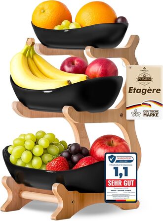 Керамічна фруктова тарілка на 3 яруси з бамбуковою підставкою, чорна | Obst Etagere