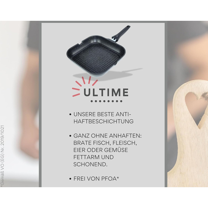 Сковорідка гриль 28 см з рифленою антипригарною поверхнею та знімною ручкою, для всіх типів плит (індукція) – для стейків та овочів гриль, з щипцями, без PFOA/PFOS, чорна