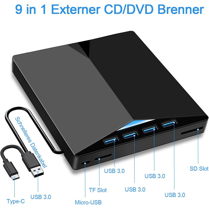 Зовнішній USB 3.0 CD/DVD привід-записувач з Type-C та багатофункціональним картрідером (USB, SD, TF) для ноутбука та ПК, Windows/Linux
