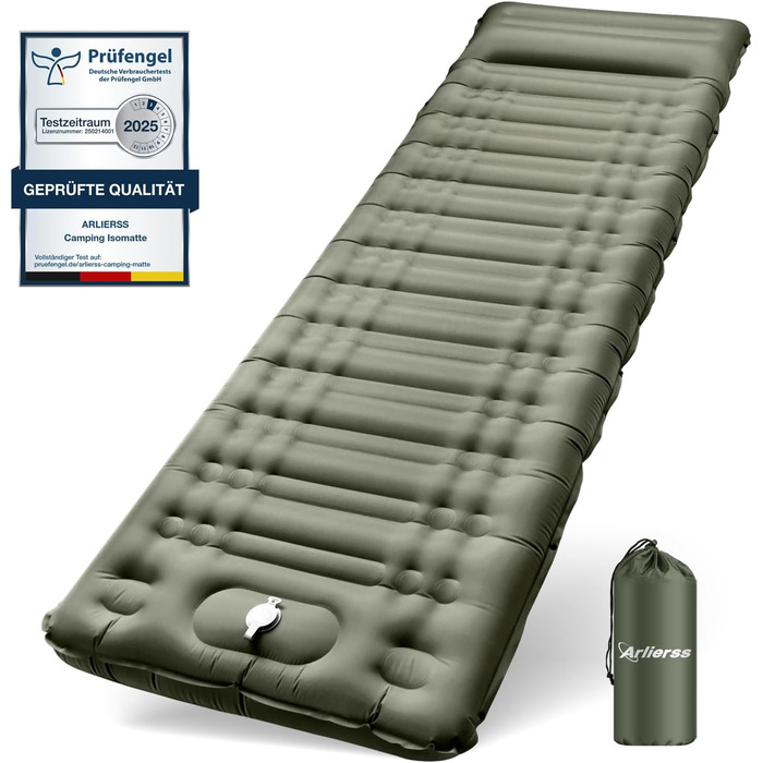 Arlierss Self-Inflating Camping Sleeping Pad with Foot Pump & Pillow - 12cm Thick, Ripstop, Portable, Outdoor, Hiking, Travel, Beach - Army Green