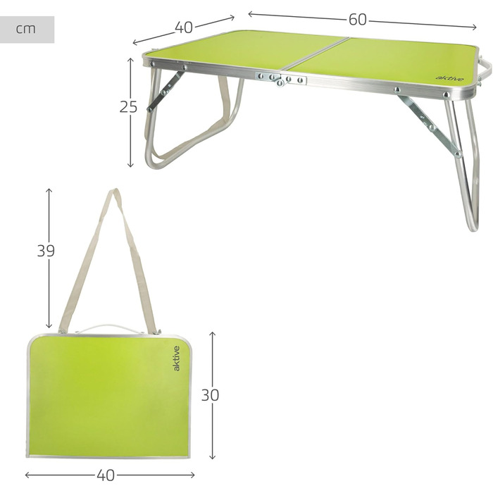 Складний стіл для кемпінгу AKTIVE, 60x40x25 см, алюмінієвий, з ручкою, зелений. Столик для пікніка, похідний стіл