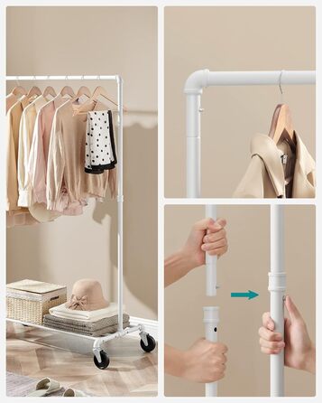 SONGMICS Clothes Rack, Garment Rod, with Wheels, Load Capacity up to 90 kg, Coat Rack with 1 Garment Rod and Shelf, Industrial Design, for Bedroom, Laundry Room, HSR61BK (White)