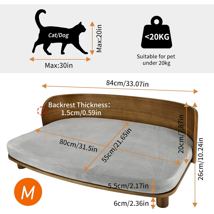 Диван для собак BinoPaw Elegantes з дерев'яним каркасом, підняте ліжко для домашніх тварин, диван для котів та собак до 20 кг, 83x57 см